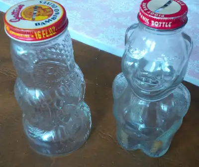 2 Old Clear Glass Jar Banks, New England Syrup, Gattuso Olives, View more