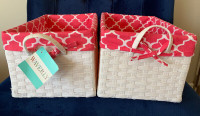 2 new storage-gift white baskets pink fabric lined Homesense