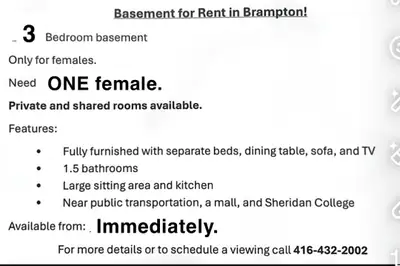 Text or call (416)432-2002 -Fully furnished with 1.5 washrooms -Laundry/dryer - beds - dining table...