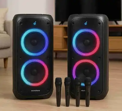 Rent 2 Soundcore Rave 3 Speakers + 4 Wireless Mics – Perfect for Parties, Karaoke & Events! Looking...