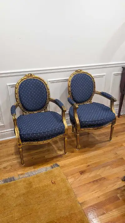 2 Louis XVI-style giltwood armchairs - blue and gold, View more