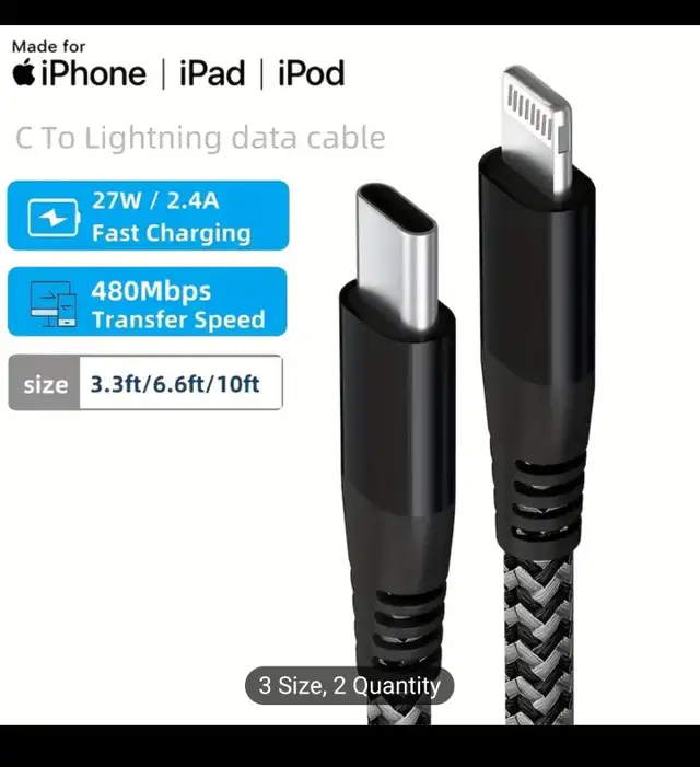2m USB C to Lightning Fast Charge Fast Data Cable, MFI Certified in Cell Phone Accessories in Markham / York Region - Image 2