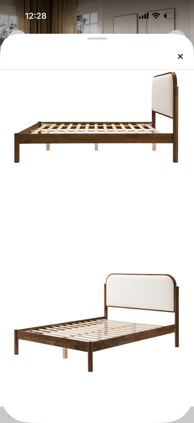 Beautiful king bed frame box never opened mid century modern style wood and boucle king size