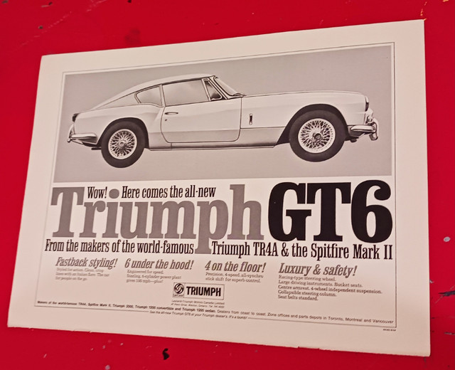 CLASSIC 1966 TRIUMPH GTS CANADIAN PRINT AD - AFFICHE AUTO 60S dans Art et objets de collection  à Ville de Montréal