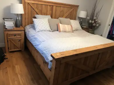 farmhouse king bed frame  and bed side tables., View more