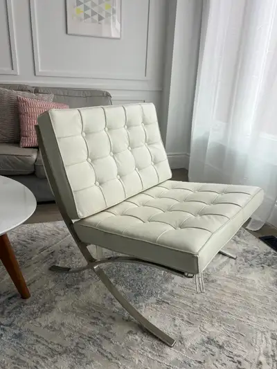 INSPIRED BARCELONA LOUNGE CHAIR- LIKE NEW-MODERN-WHITE LEATHER, View more