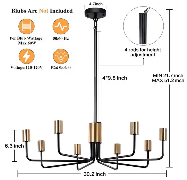 Black & Gold Modern 8-Light Chandelier in Indoor Lighting & Fans in Oshawa / Durham Region - Image 3