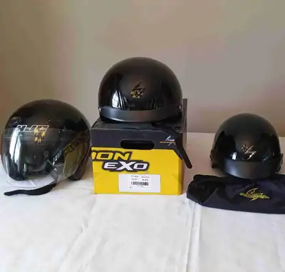 Motorcycle helmets priced individually. 1. On left - HJC helmet, size XL. $20 No box or bag. 2. Midd...