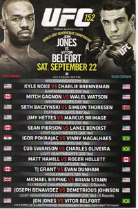 UFC 152 Mint 4 x 6" lineup card Sept 22, 2012 Jones vs Belfort
