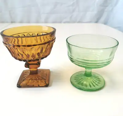 Sherbert dishes a pair vintage- Green Depression Glass, Amber In, View more