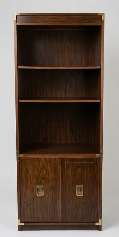 Vintage  wood  bookcase with brass hardware  andstorage cabinet, View more