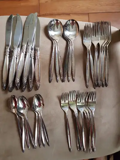 Vintage 1847 Rogers silverplate flatware from 1960s, "Garland" pattern. Delicate Floral pattern 43 p...