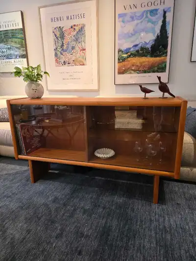 MCM Teak bookcase displaying hutch cabinet, View more
