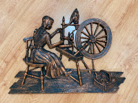 X Large 70s CopperCraft Guild Wall Hanging Girl Spinning Wheel
