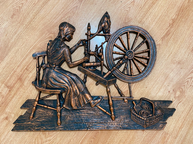 X Large 70s CopperCraft Guild Wall Hanging Girl Spinning Wheel in Arts & Collectibles in Oshawa / Durham Region