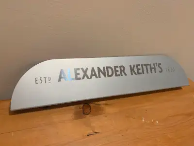 Stainless Steel Alexander Keith beer Bar top, shelf top sign Mint Dimensions: 16 inches long by 4 in...
