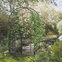 6.7 FT Steel Garden Arch with Gate Outdoor Courtyard Arbor for C