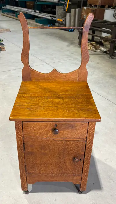 Antique Oak Wood Washstand (w Towel Bar & Dovetail Drawer), View more