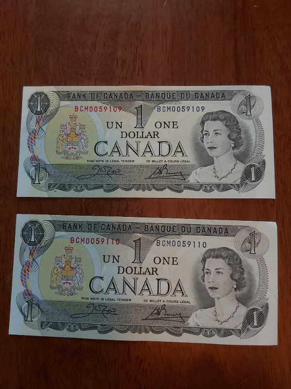 2 B of C 1973 $1 Bills Crow-Bouey BCM 0059109 & 0059110 (in Seq) in Arts & Collectibles in Saint John