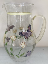 Crackle Finish Hand Painted Floral Pattern Glass Pitcher