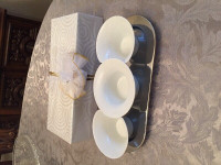 Modern Silver Tray with 3 White Condiment Bowls, in Elegant Box
