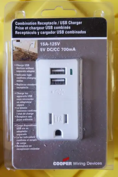 Cooper Dual Combo Outlet Receptacle USB Charger White 15A-125V 5, View more