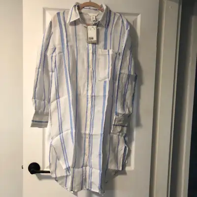 H&M Natural Linen Shirt Dress New with Tags! Size XS Blue and white Premium selection