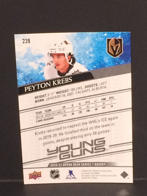Peyton Krebs Rookie Young Guns Hockey Card Jumbo #239 Upper Deck in Arts & Collectibles in Ottawa - Image 2
