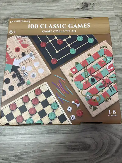 Brand new Includes : 5 double sided playing boards, 32 checkers pieces, 16 parachisi pieces, 40 matc...