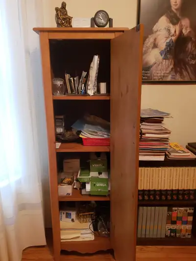 Solid pine bookshelf with doors and drawers, View more