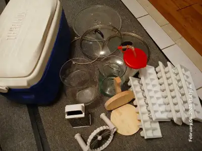 Ice cooler box, glass vase, pot lids, microwave glass plate., View more