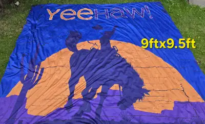 Stampede decor! Yee Haw fabric tapestry 9ft x 9.5ft, View more