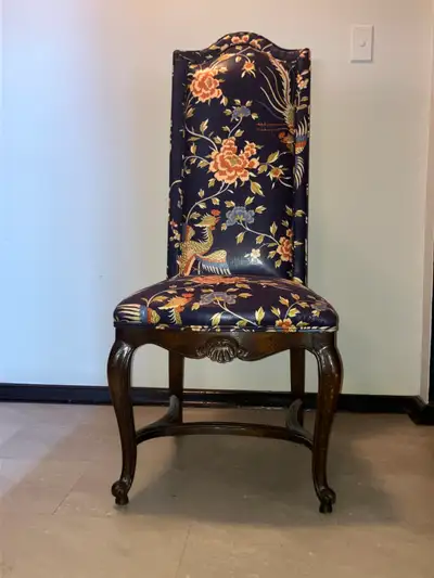 Set of 4 formal tall-back dining room chairs with custom covers, View more