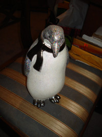 Silver Sequin Ceramic 10" Penguin Figurine & Mittens Set  - NEW