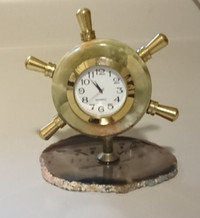 Vintage Nautical Onyx & Brass Ships Wheel Desk Clock