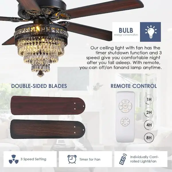 52 in. Indoor Crystal Chandelier Black Ceiling Fan Fandelier wit in Indoor Lighting & Fans in Markham / York Region - Image 6