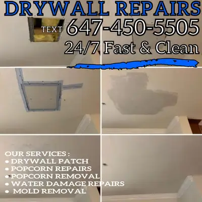 Drywall Repairs~ Damage Hole, Water Leak, Smooth, Mold Removal, View more