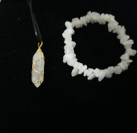 Collier genuine clear quartz point pendant stone bracelet set