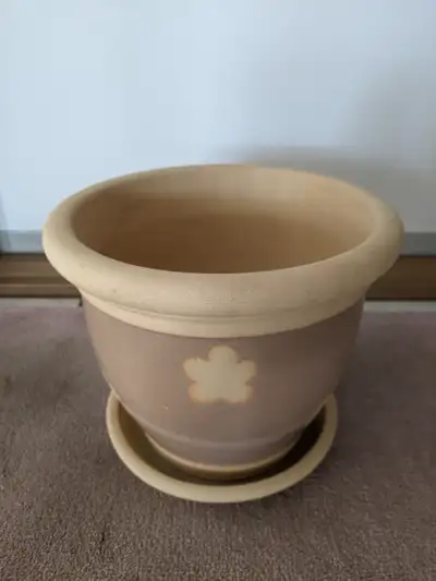 2 Stoneware Flower Pots with Drainage Hole and Saucers, 10-1/2" W, 9" H. Never been used.