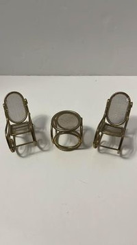 VINTAGE Brass miniature Doll Furniture rocking chairs and table