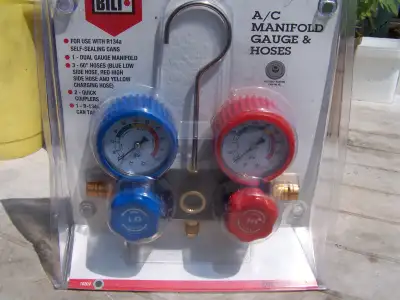New Auto AC gauges. 2 cans 12A. Gloves $75 Auto AC Gauge read only Low & High ports.$20 New, pierce...