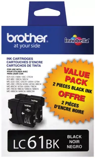 Brother LC61BK Ink Cartridge - Black 2 Pack BRAND NEW For use with: MFC250C/MFC255CW/MFC290C/ MFC295...