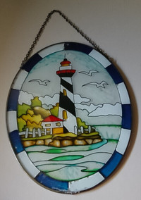 Vintage Nautical Stained Glass Lighthouse Oval Suncatcher