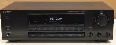 75 watts per channel It has a phono input for a record player, and 4 other inputs for audio devices...