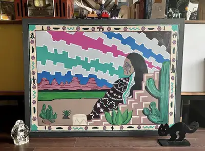 Spectacularly large acrylic painting on canvas by a Hopi artist, titled “Hopi Elder” verso, signatur...