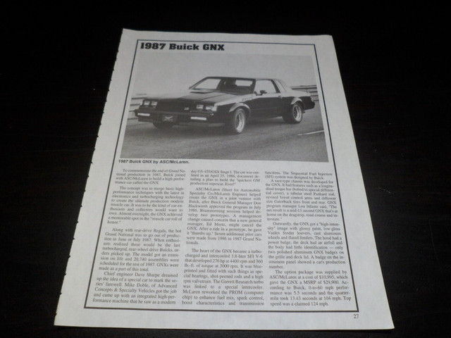 ORIGINAL 1987 Buick GNX WRITE-UP in Arts & Collectibles in Markham / York Region