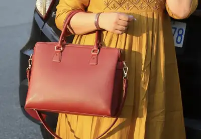 Red Faux Leather Tote Bag with Laptop Sleeves, View more