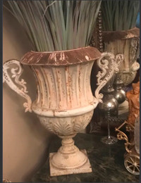 Antique  17" French Iron Urns Planters w/Ornate  Handles