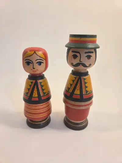 Vintage Hand-Painted Wooden Folk Couple Figurines, View more