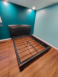 Queen bed metal frame and leather headboard + frame